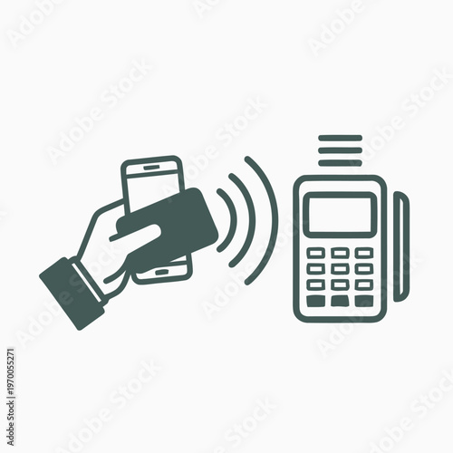 Contactless payment icon showing a smartphone and card reader with radio waves indicating wireless transaction