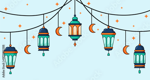 Ramadan Kareem Festive Lanterns and Crescent Moons Illustration
