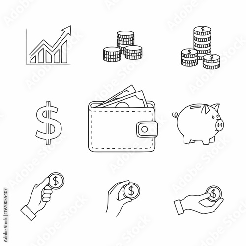 Financial icons depicting growth charts, coins, cash, piggy banks, wallets, and hand transactions for economic and banking concepts