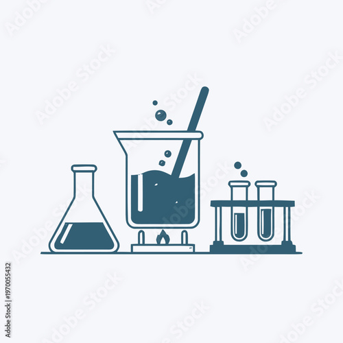 Scientific experiment with laboratory glassware including flasks, beakers, and test tubes on a heating element with bubbles rising in the liquid, representing chemistry and research