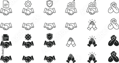 Collection of black line icons depicting agreements partnerships and success