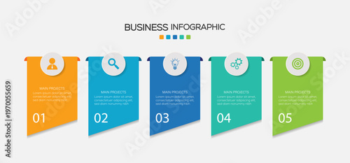 Infographic with colorful panels, icons, and headings for business, planning. Infographic design template with place for your data.  Five colorful graphic elements. Presentation business infographic.