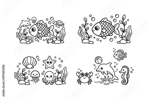 Cute Marine Animal Scenes Bundle with Dolphin, Seahorse, Fish and Crab