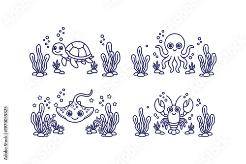 Underwater Marine Life Line Art Bundle with Turtle, Octopus, Ray and Lobster