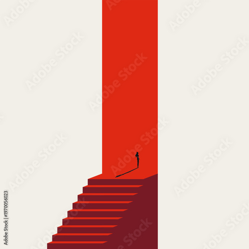 Minimal vector illustration concept. A business woman climbs red stairs to an open door, representing a new job, career opportunity, and future growth. Symbol for entering corporate leadership.