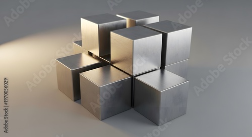 Geometric Cluster of Nine Textured Metallic Cubes with Directional Lighting