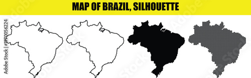 Brazil map silhouettes including outline solid black and halftone dot styles isolated on transparent background.