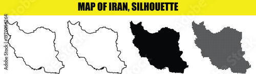 Iran map silhouettes pack with outline solid black and dotted halftone styles isolated on transparent background.