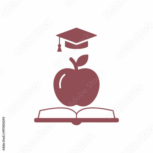 Conceptual education icon for academic success and lifelong learning, featuring an open book, a symbolic apple, and a graduation cap representing knowledge