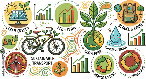 Eco friendly sustainable living concept with green energy transport and recycling icons