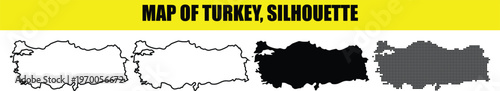 Turkey map silhouettes collection with outline solid black and pixelated dot patterns on transparent background.