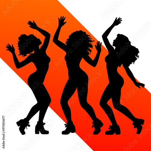 Dancing Women Silhouettes Party Nightlife Concept, Stylish Female Dance Silhouette Modern Background, Energetic Girls Dancing Club Music Illustration, Trendy Women Silhouette Dance Vibrant Design