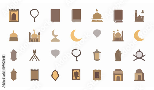 Islamic prayer and worship flat icon set with mosque Quran and prayer tools vector collection