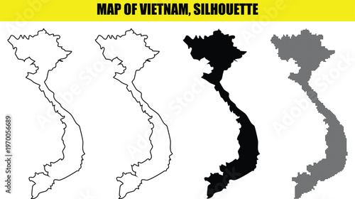 Vietnam Map silhouette with four different styles of maps outline white solid black and dotted isolated.