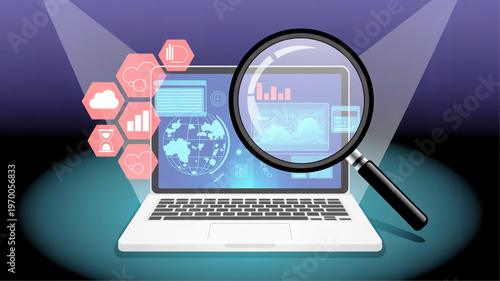 Digital Data Analysis Exploring Insights with a Laptop and Magnifying Glass in a Futuristic Setting