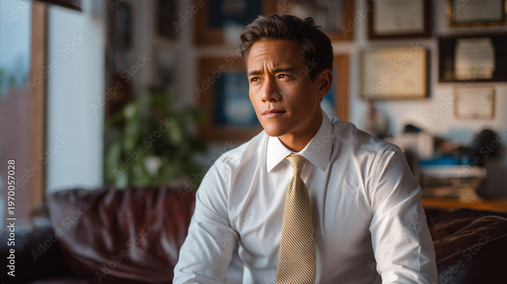 Fototapeta premium Businessman loosens silk tie while sitting in mahogany-paneled therapist office, leather couch beneath him, degrees and licenses mounted on wall, late afternoon golden hour visible through window, p