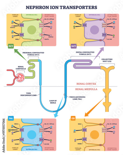 Nephron ion transporters overview highlights key channels Naand-Kand ATPase, NKCC2, and ENaC across tubular epithelium, showing sodium, chloride, and potassium flow. Outline diagram