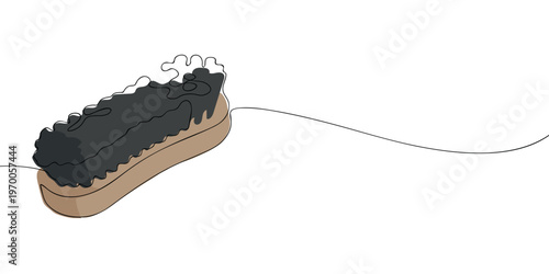 One line style drawing of a scrub brush with dark bristles on a wooden base, set against a clean white background with a flowing line for a minimal, modern look
