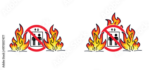 Fire warning, elevator, lift icon. Elevator accessibility for down or up. Elevator doors. No ban, Forbidden to use the elevator in case of fire.  prohibited or prohibited. Do not enter, up and down.