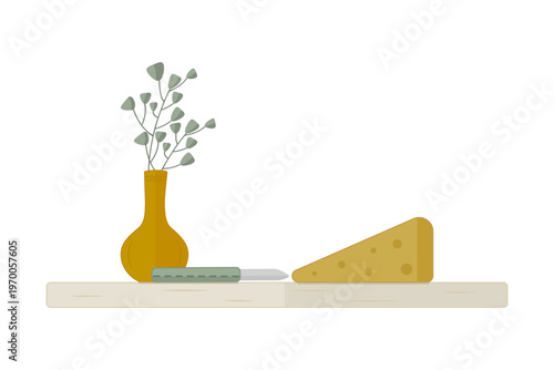 Cheese wedge, knife and vase with eucalyptus on wooden board. Cozy kitchen still life, slow living, mindfulness, morning rituals, home comfort or sustainable lifestyle concept. Vector illustration