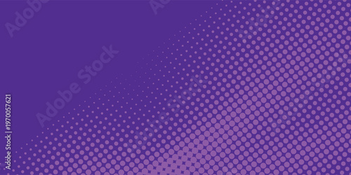 Purple halftone pattern. Retro comic gradient background. Violet pixelated dotted texture overlay. Cartoon pop art faded gradient pattern. Vector backdrop