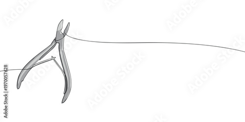 A minimalist illustration of metal nail nippers used for trimming nails and cuticles, featuring a spring loaded handle and sharp precision blades