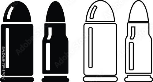 Bullet ammunition cartridge icon set collection group in black flat and line style vector illustration, ammo shell caliber symbol pack minimal outline design, shooting supply elements bundle