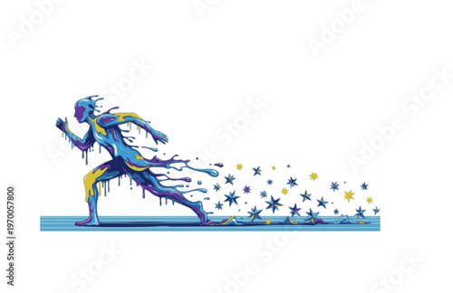 Surreal Liquid Drip Sprinter Silhouette Sticker, Playful Star Shard Track Athlete Vector, Modern Surreal Silliness Sports Illustration