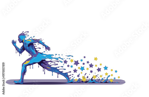 Surreal Liquid Drip Sprinter Silhouette Sticker, Playful Star Shard Track Athlete Vector, Modern Surreal Silliness Sports Illustration