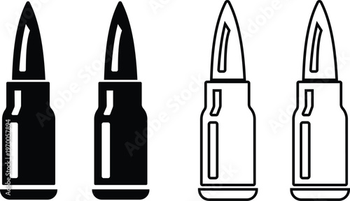 Bullet ammunition cartridge icon set collection group in black flat and line style vector illustration, ammo shell caliber symbol pack minimal outline design, shooting supply elements bundle