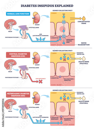 Diabetes insipidus explained, brain, kidney, and collecting duct show ADH pathway, contrasting water reabsorption with dilute urine and polyuria outcome. Outline diagram