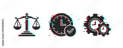 Scales clocks and gears showing balance scheduling and time management. Glitch effect
