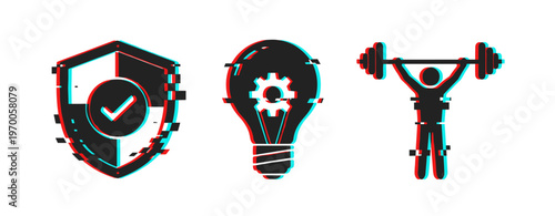 Shield check, lightbulb gear and weightlifter icons on white background. Glitch effect