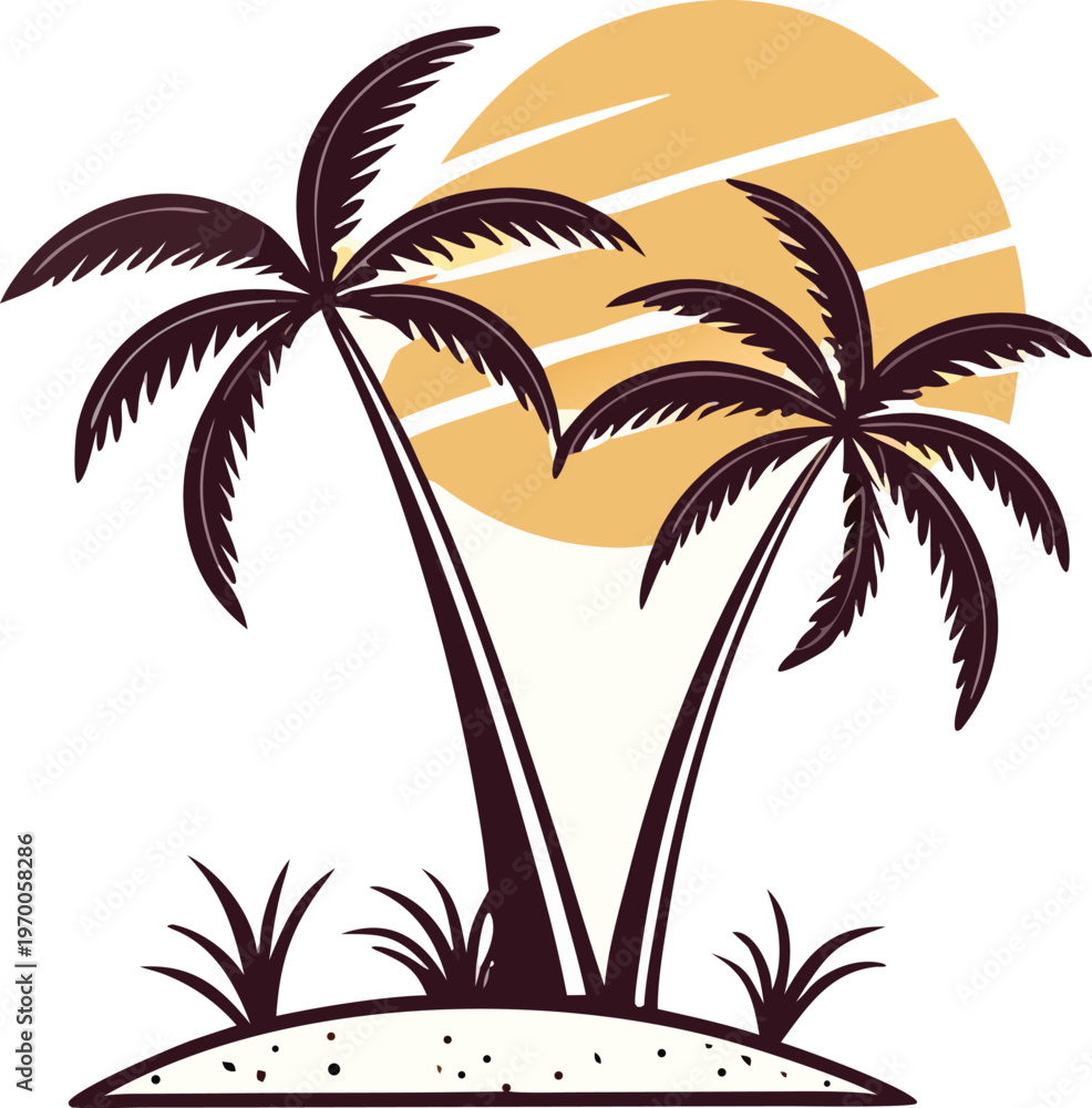 Fototapeta premium Tropical palm trees, sunset island landscape, vector illustration, brown silhouettes