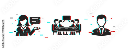 Business people communicating and meeting in white minimal icons. Glitch effect