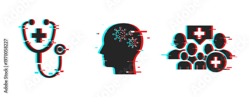 Medical icons showing diagnosis and public health on white background. Glitch effect