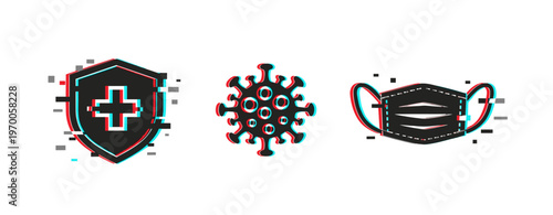 Health icons showing shield virus and mask on white background. Glitch effect