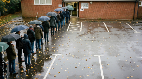 Diverse group of adults patiently standing in a long line with umbrellas outside a local school polling station on a rainy day