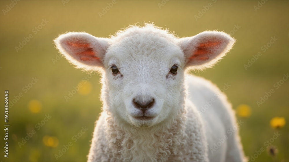 Obraz premium Close up portrait of young white lamb in green meadow. Cute baby sheep in field at golden hour. Spring farm animal concept