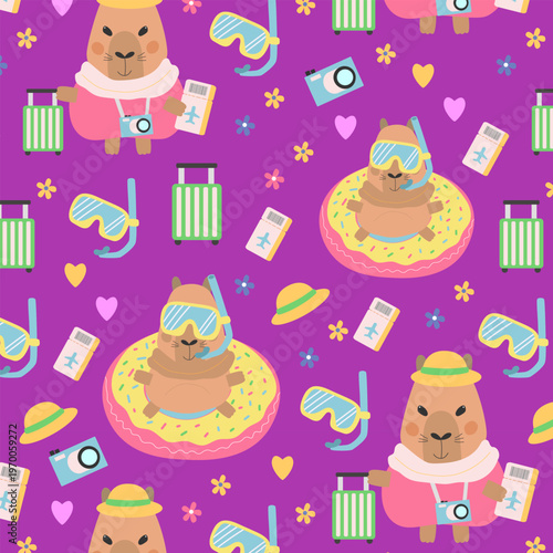 Whimsical seamless pattern with cute cartoon capybaras on a vibrant purple background. Perfect for magical nursery decor, girls' swimwear and playful summer stationery.