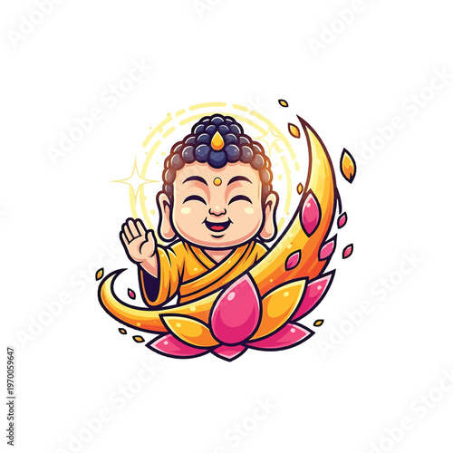 Happy Buddha baby sitting on lotus throne with radiant halo