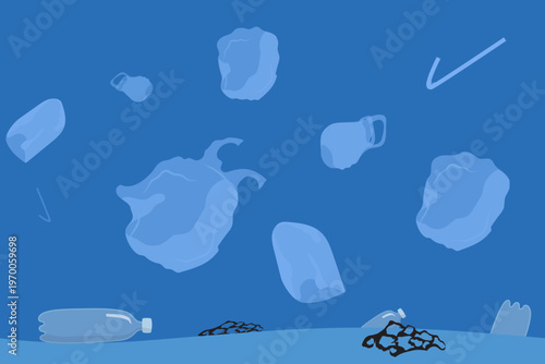 Environment conservation, plastic pollution. Light underwater silhouettes of plastic bottles, bags, and other garbage floating in the water.