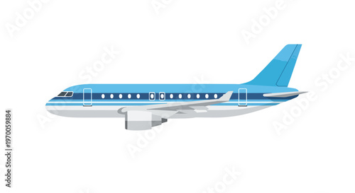 Blue Passenger Airplane Side View Vector Illustration