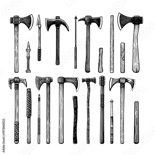 A set of vector images of medieval weapons. Equipment, axes, and poleaxes, isolated on a white background. Weapons and tools. Vector illustration.