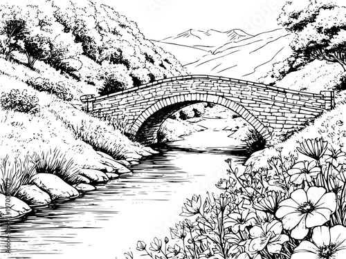 The nature of southern France and a bridge over the Seine. Vector illustration. The stone bridge of the old town, linden trees, and a cozy riverbank with flowers. Theme: travel, excursions, vacations.