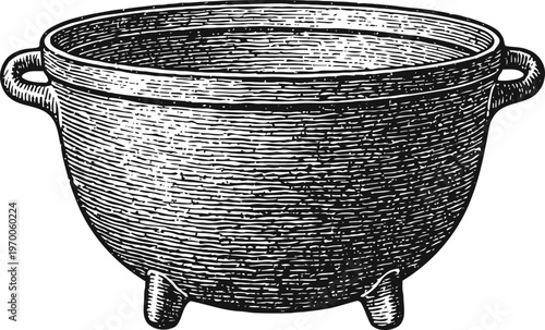 Vintage cast iron pot illustration with handles and three legs, retro kitchen cookware design
