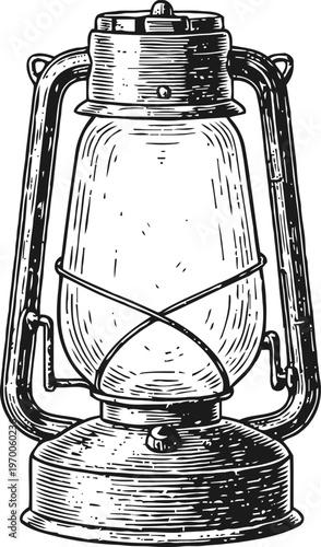 Vintage kerosene lantern drawing hand sketched old oil lamp design illustration