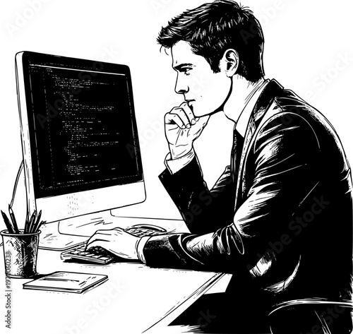 Secretary, man in a suit working at a computer, black and white sketch. Vector illustration. Freelancer drawing on a white background. Concept of office workers, computer technology, and communication