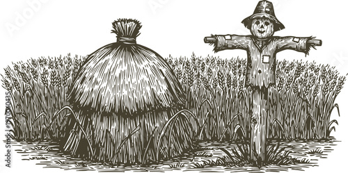 scarecrow standing in wheat field near haystack rural countryside farming scene in vintage