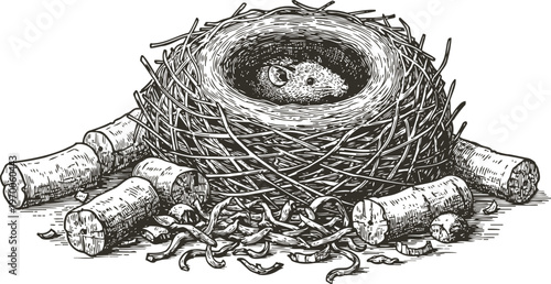 mouse inside bird nest detailed hand drawn sketch of small rodent resting in twig nest with wood shavings